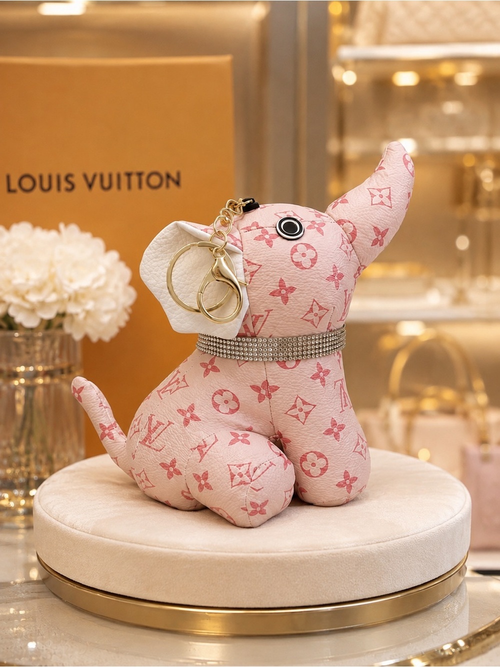 Pink Monogram Elephant Bag Charm Key Chain with Rhinestone Collar